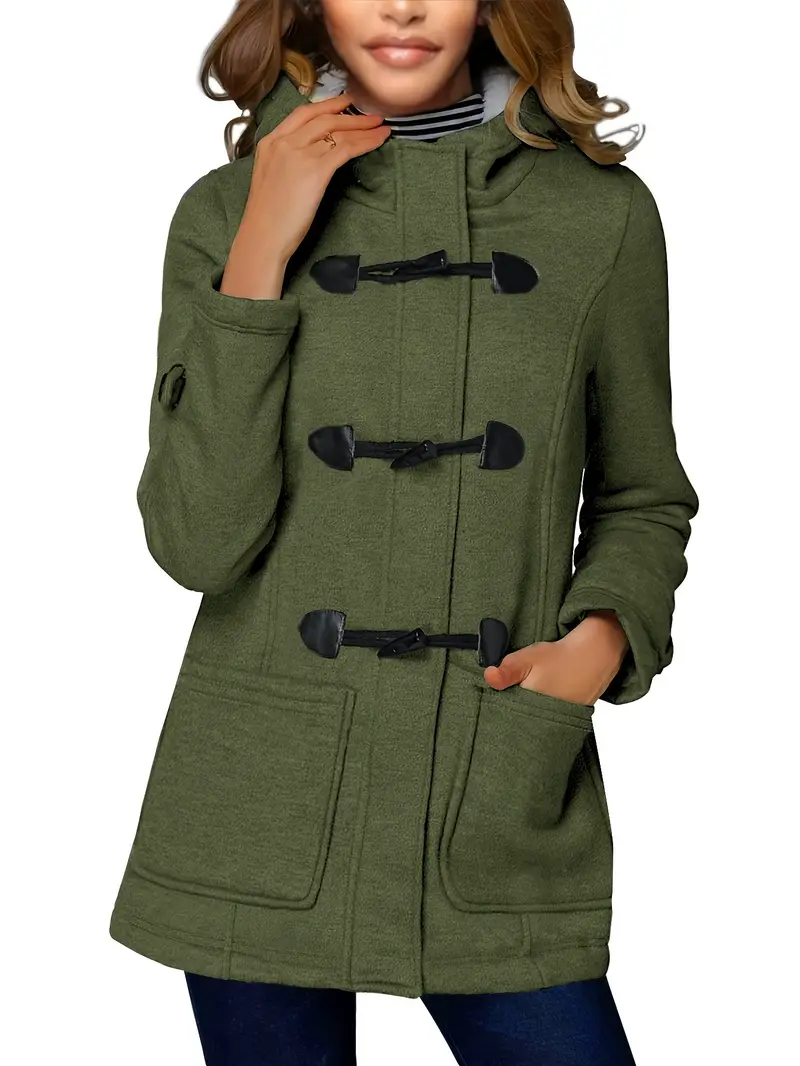 Stylish Long Sleeve Hooded Duffle Coat - Women's Pea Coats with Patch Pockets, Elegant Plain Color Design for Fall & Winter, Warm and Comfortable Outerwear for Ladies