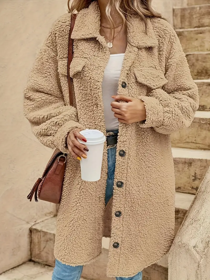 Women's Elegant Faux Fur Coat with Collar and Button Detail, Solid Color Polyester Outerwear, Autumn/Winter Fashion, Adult Size, Woven Fabric