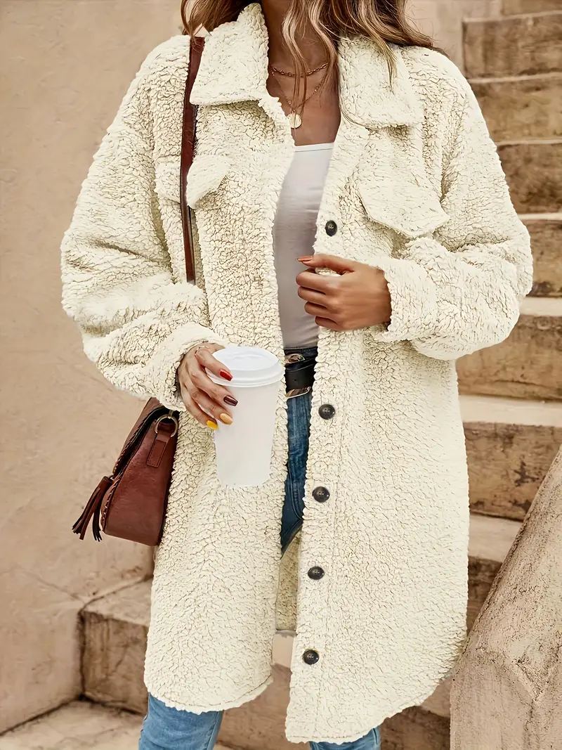 Women's Elegant Faux Fur Coat with Collar and Button Detail, Solid Color Polyester Outerwear, Autumn/Winter Fashion, Adult Size, Woven Fabric