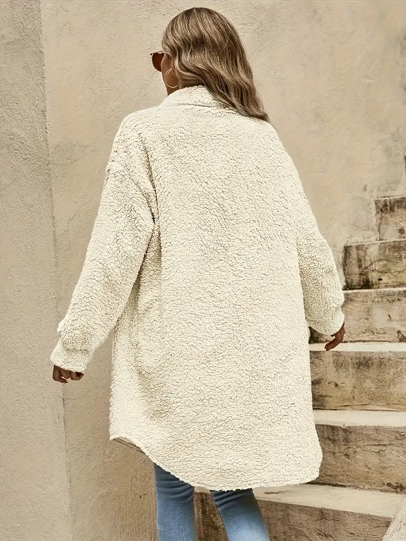Women's Elegant Faux Fur Coat with Collar and Button Detail, Solid Color Polyester Outerwear, Autumn/Winter Fashion, Adult Size, Woven Fabric