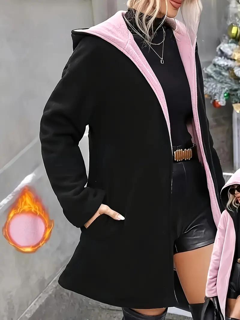 Elegant Reversible Plus Size Coat with Hooded Collar, Polyester Knit Fabric, Solid Color with Pocket Detail, Slight Stretch, Women's Fall/Winter Collection