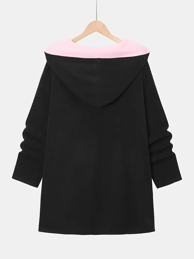 Elegant Reversible Plus Size Coat with Hooded Collar, Polyester Knit Fabric, Solid Color with Pocket Detail, Slight Stretch, Women's Fall/Winter Collection