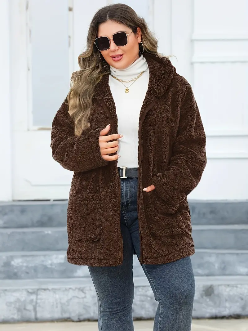 Plus Size Women's Solid Teddy Fleece Hooded Long Sleeve Tunic Coat with Pockets, Zip Up Casual