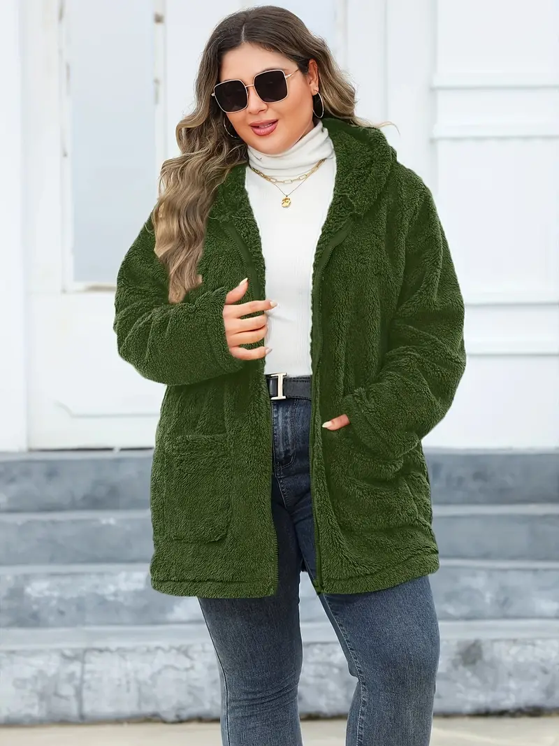 Plus Size Women's Solid Teddy Fleece Hooded Long Sleeve Tunic Coat with Pockets, Zip Up Casual