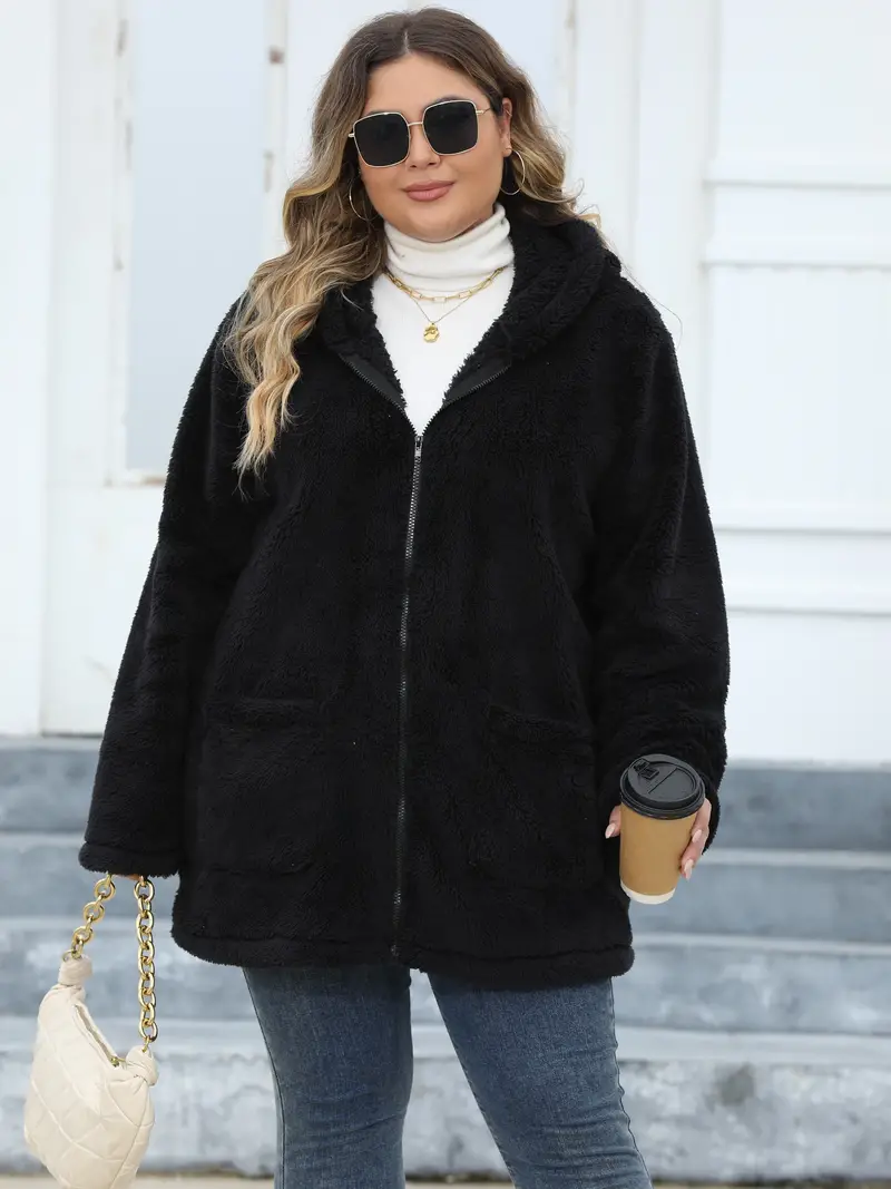 Plus Size Women's Solid Teddy Fleece Hooded Long Sleeve Tunic Coat with Pockets, Zip Up Casual