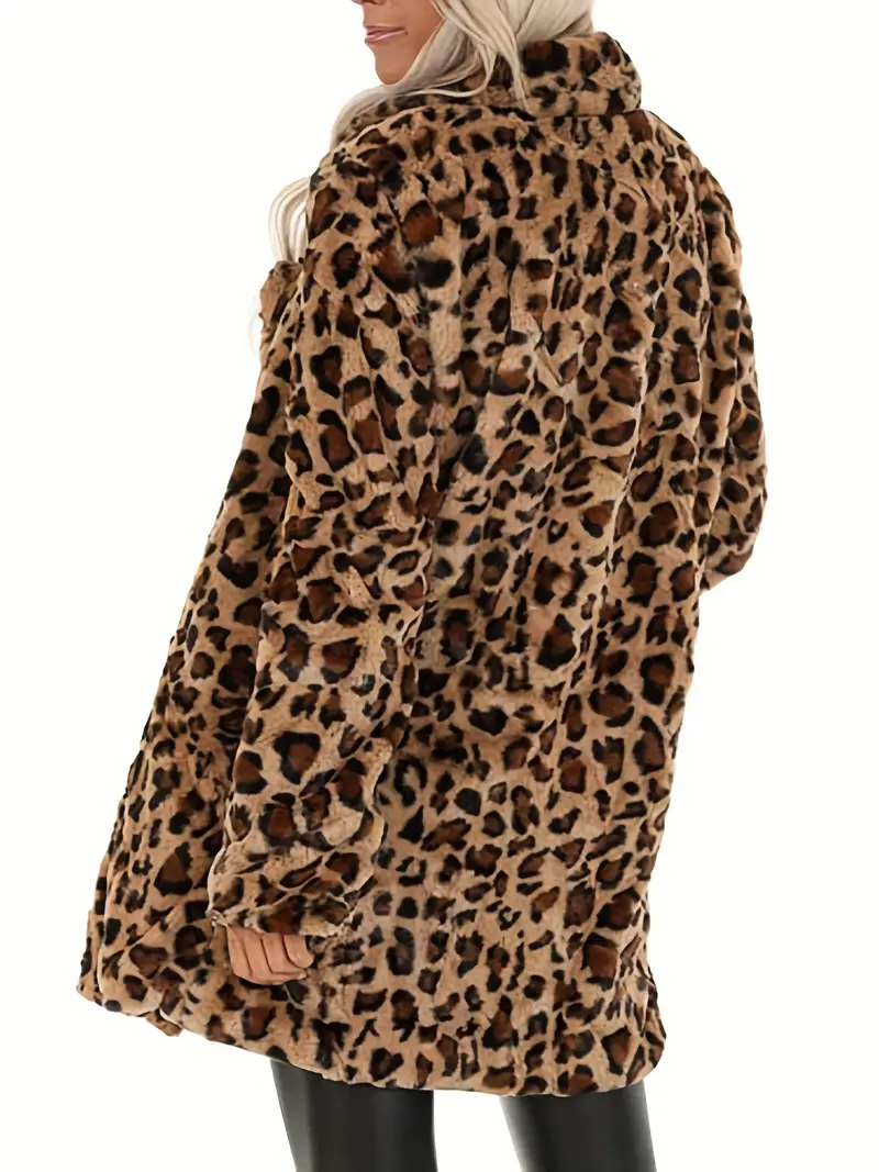 Plus Size Leopard Print Teddy Fleece Women's Elegant Coat, Long Sleeve Lapel Collar Tunic With Pockets