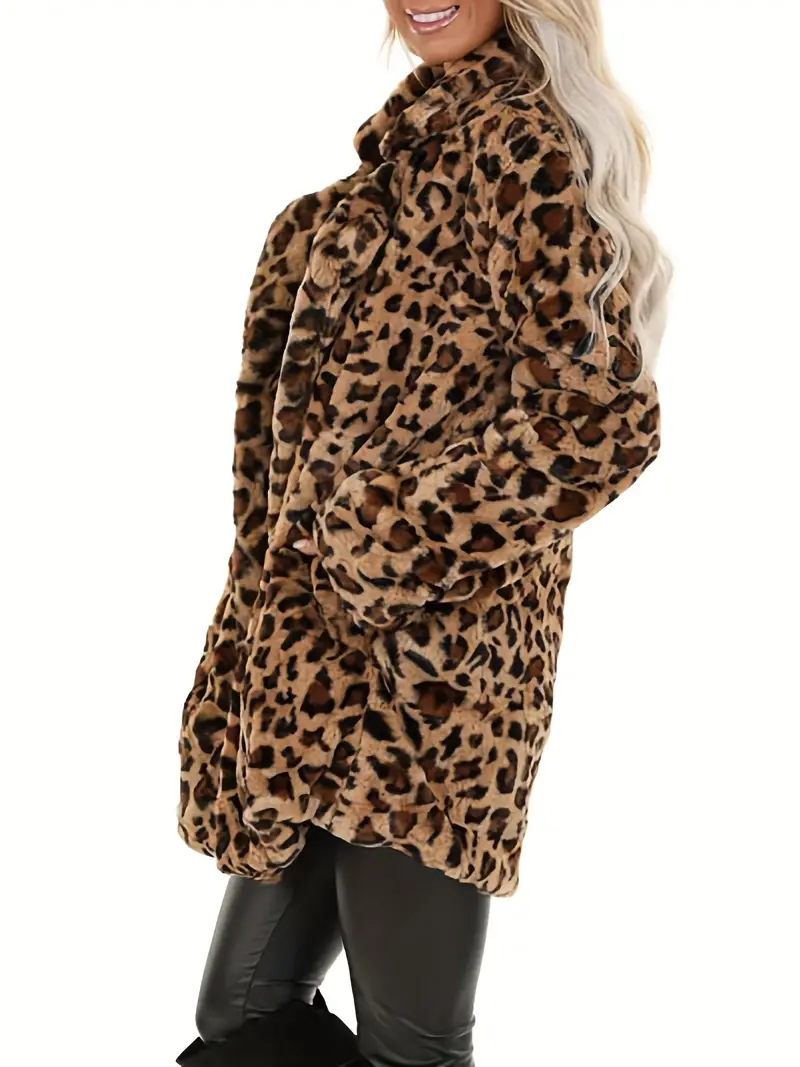 Plus Size Leopard Print Teddy Fleece Women's Elegant Coat, Long Sleeve Lapel Collar Tunic With Pockets