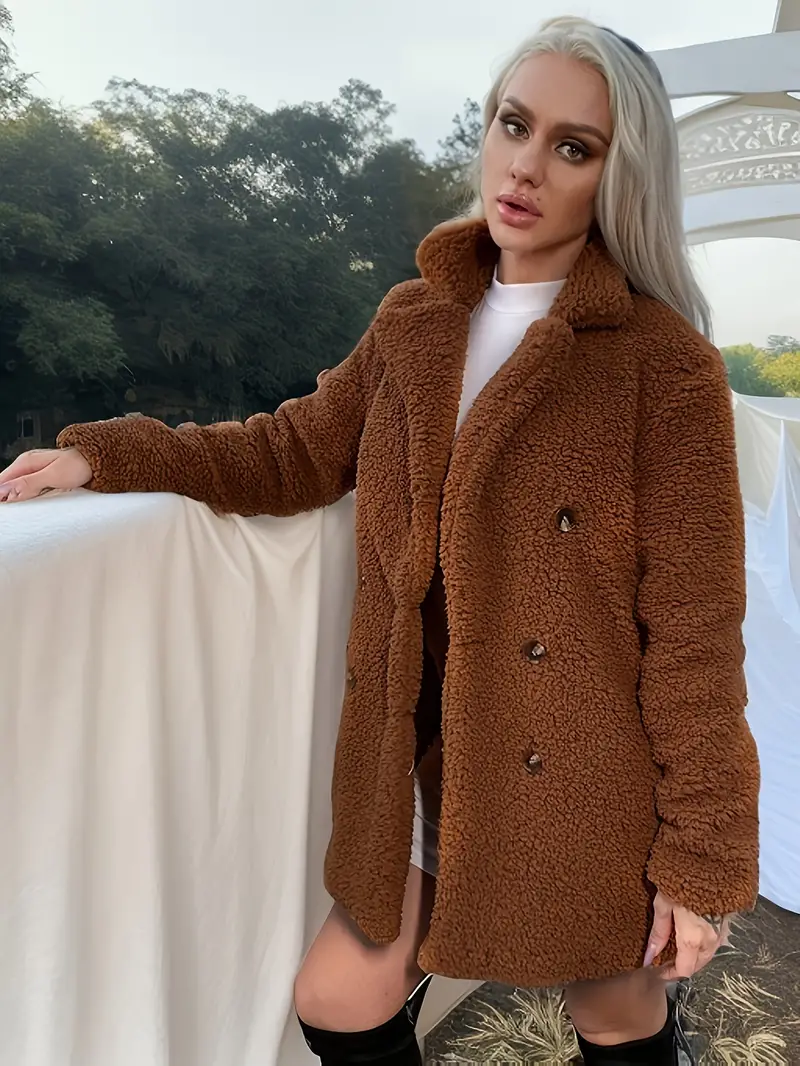Women's Long Length Double Button Teddy Coat Outerwear For Casual Wear