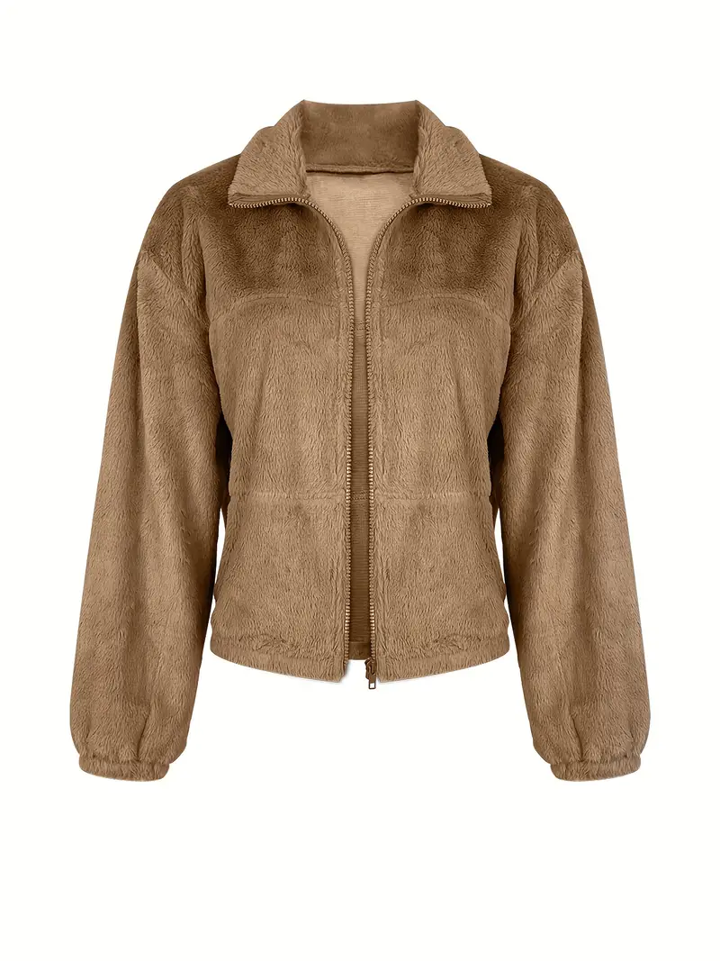 Elegant Women's Faux Fur Jacket - Solid Color, Long Sleeve with Zip-Up Front & Lapel Collar, Machine Washable - Perfect for Fall/Winter
