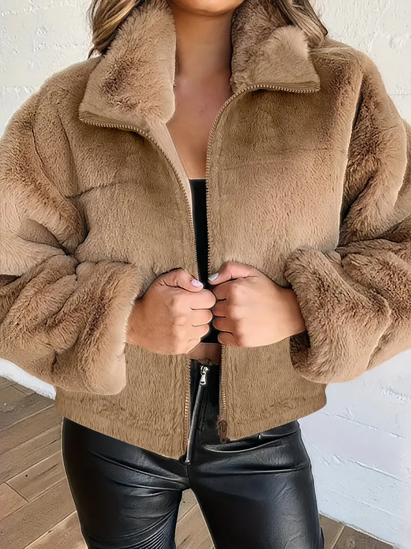 Elegant Women's Faux Fur Jacket - Solid Color, Long Sleeve with Zip-Up Front & Lapel Collar, Machine Washable - Perfect for Fall/Winter