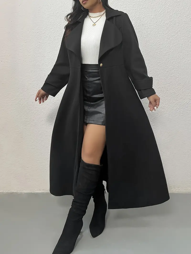 Plus Size Solid Longline Coat, Elegant Lapel Collar Single-breasted Overcoat for Fall & Winter, Women's Clothing