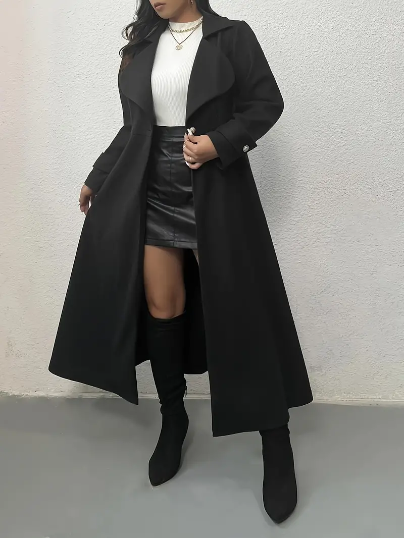 Plus Size Solid Longline Coat, Elegant Lapel Collar Single-breasted Overcoat for Fall & Winter, Women's Clothing