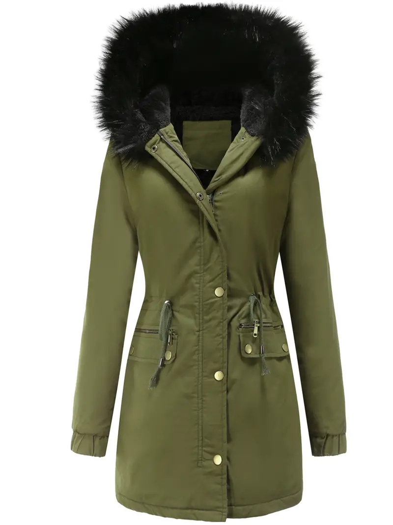 Cozy Fuzzy Trim Parka Hoodie Coat - Thermal Insulation, Long Sleeve, Drawstring Waist, Casual Chic, Fall & Winter Essential, Women's Clothing