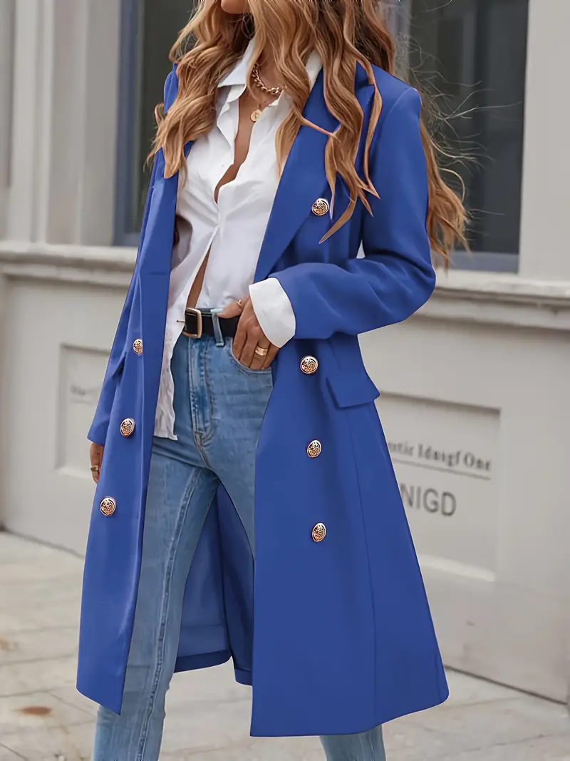Elegant Long Polyester Coat for Women - Solid Color, Button-Detailed, Fully Lined, Regular Fit, Long Sleeve Overcoat for Spring/Fall - Woven High-Quality Polyester Fabric - Timeless A-Line Silhouette