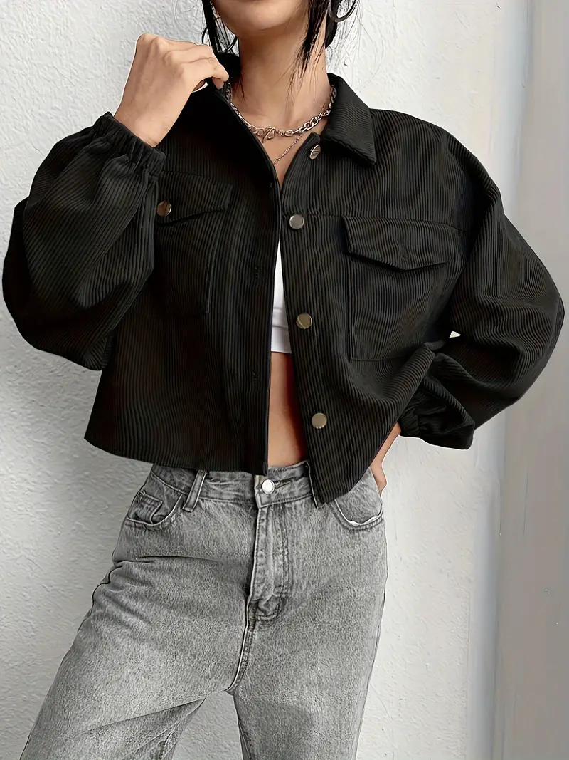 Casual Corduroy Jacket - Long Sleeve Crop Style with Button Front, Flap Pockets, Perfect for Fall and Winter, Women's Fashion Clothing