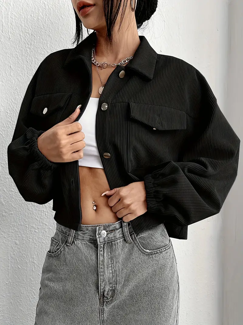 Casual Corduroy Jacket - Long Sleeve Crop Style with Button Front, Flap Pockets, Perfect for Fall and Winter, Women's Fashion Clothing
