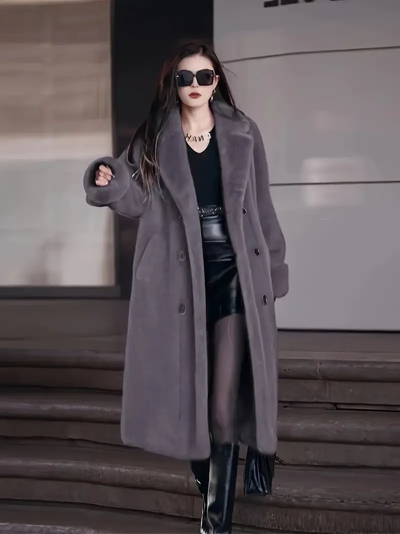Elegant Winter Faux Fur Coat for Women - Solid Color, H-Fit, Non-Stretch, Suit Collar, Button Detail, Inverted Lapel, All-Season Wear