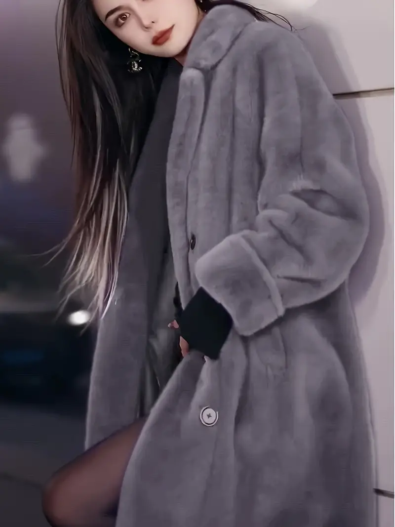 Elegant Winter Faux Fur Coat for Women - Solid Color, H-Fit, Non-Stretch, Suit Collar, Button Detail, Inverted Lapel, All-Season Wear