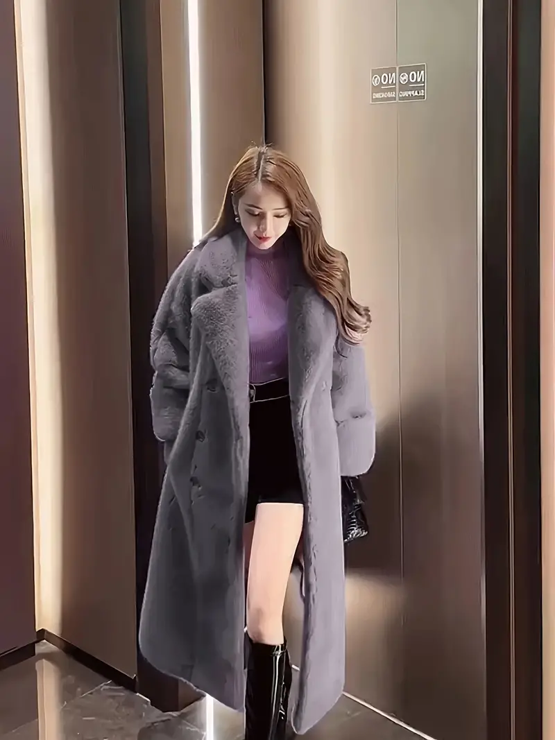 Elegant Winter Faux Fur Coat for Women - Solid Color, H-Fit, Non-Stretch, Suit Collar, Button Detail, Inverted Lapel, All-Season Wear