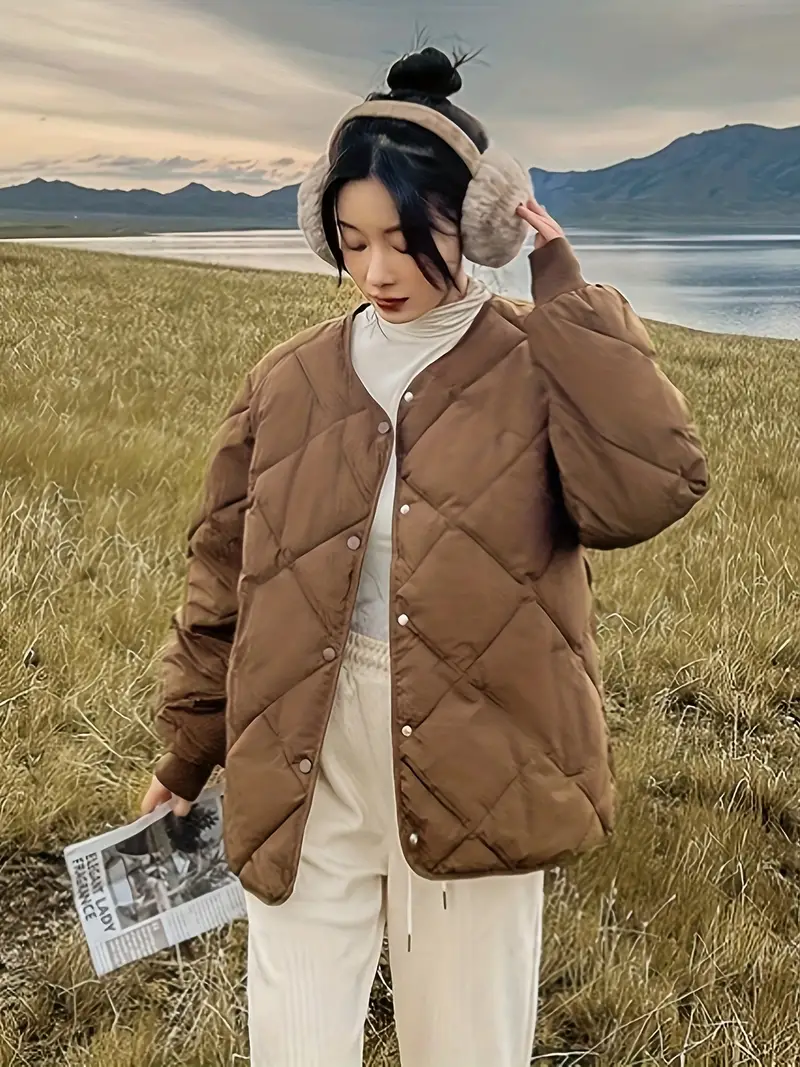 Winter Coat for Women - Lightweight, Casual Loose Fit with Button Detail, Long Sleeve, Solid Color