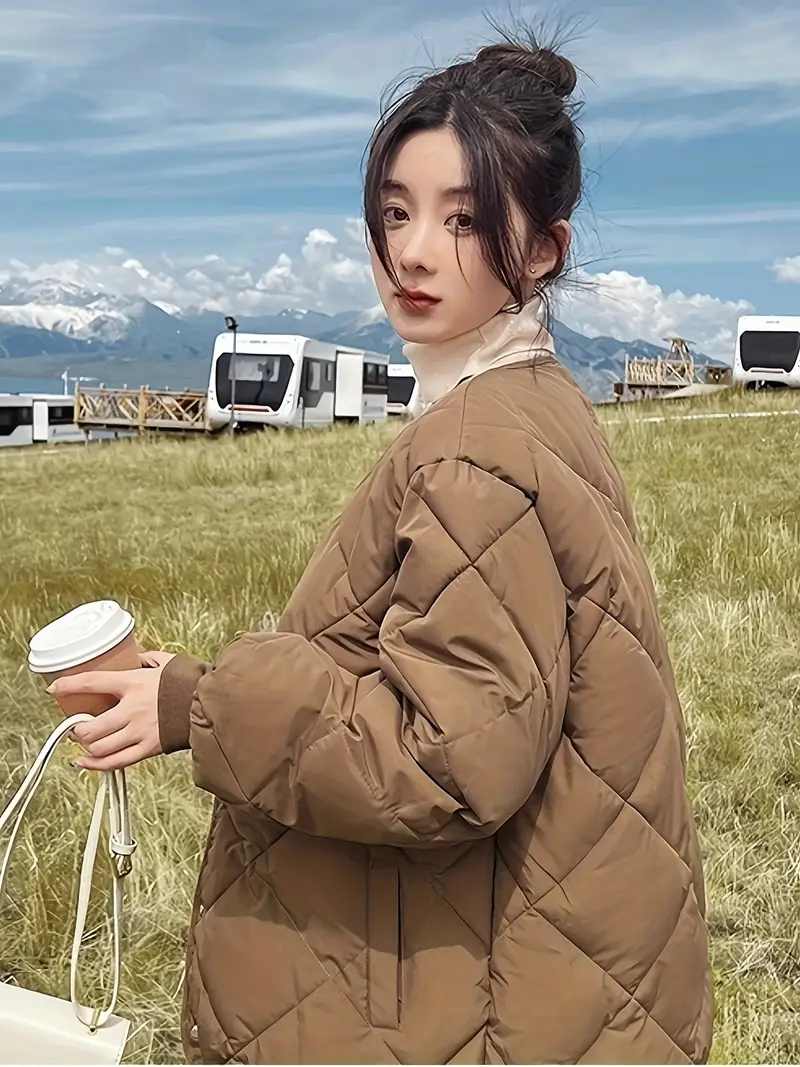 Winter Coat for Women - Lightweight, Casual Loose Fit with Button Detail, Long Sleeve, Solid Color