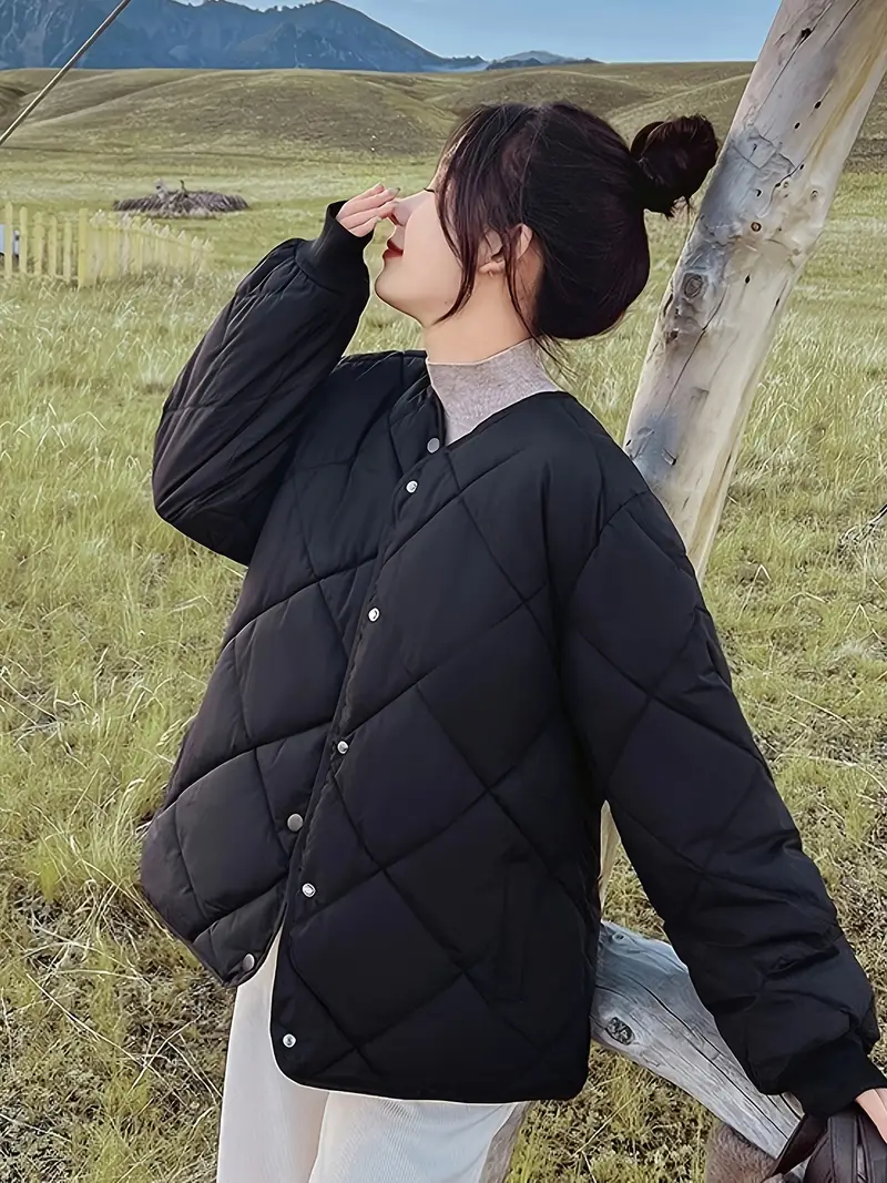 Winter Coat for Women - Lightweight, Casual Loose Fit with Button Detail, Long Sleeve, Solid Color