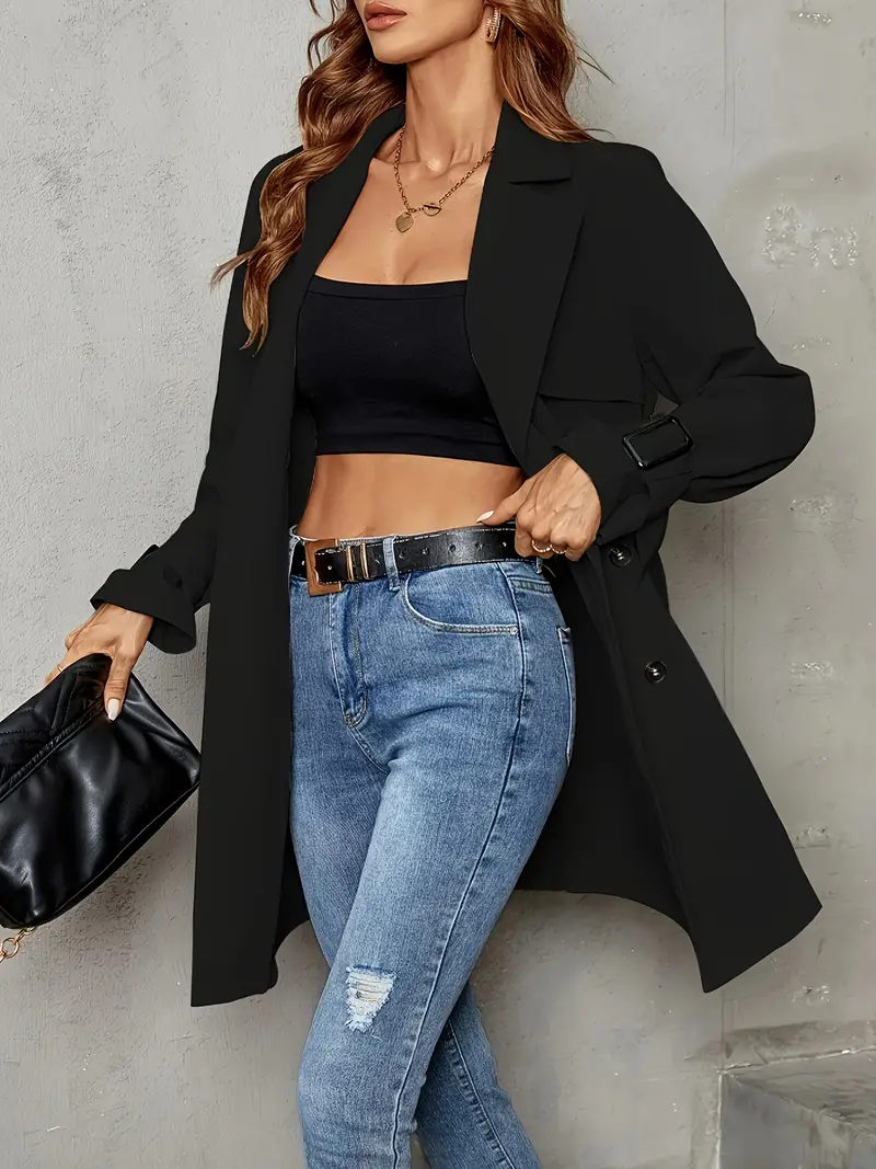 Stylish Long Sleeve Belted Trench Coat - Women's Clothing - Classic Solid Color Lapel Collar, Button Front, Perfect for Fall, Chic and Versatile Outerwear for Ladies