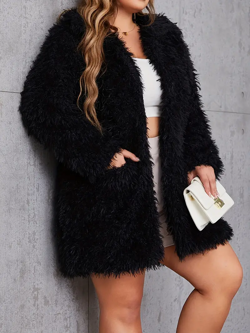 Women's Plus Size Elegant Solid Fuzzy Fleece Long Sleeve Open Front Tunic Coat for Winter