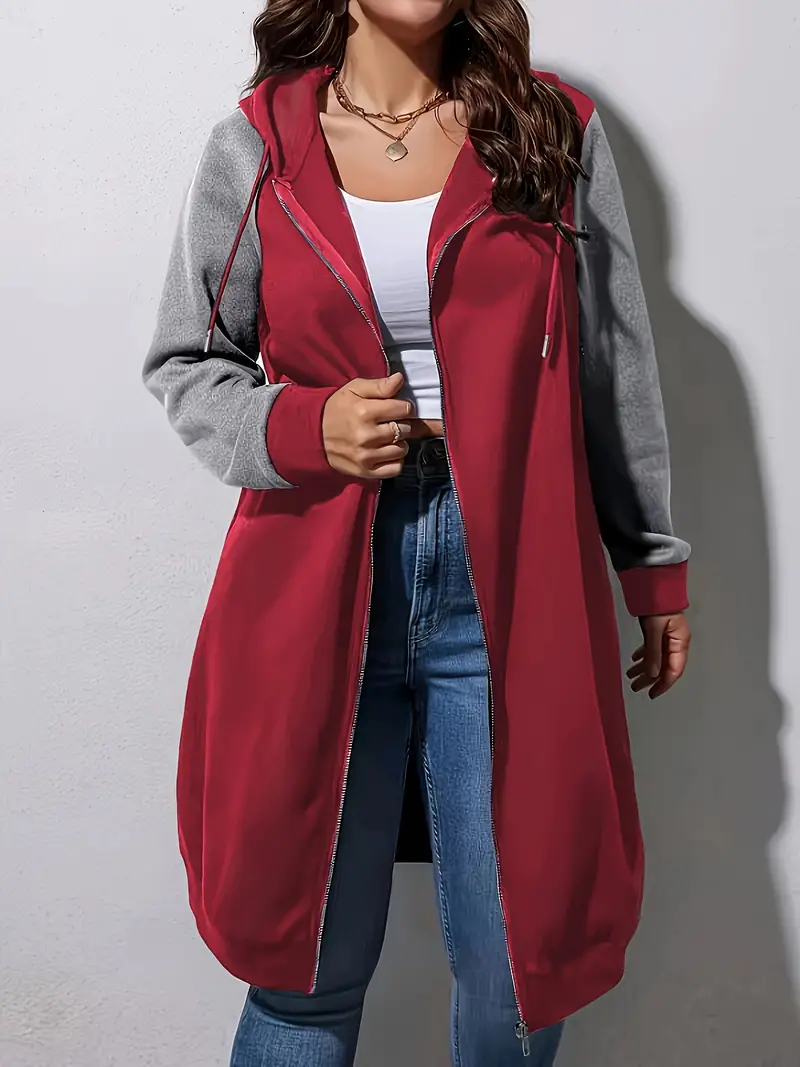 Stylish Plus Size Color Block Hooded Coat - Women Plus - Casual Drawstring Zipper Front Long Sleeve Outerwear for Fall, Winter, and Daily Life with Soft Fleece Lining and Adjustable Hem