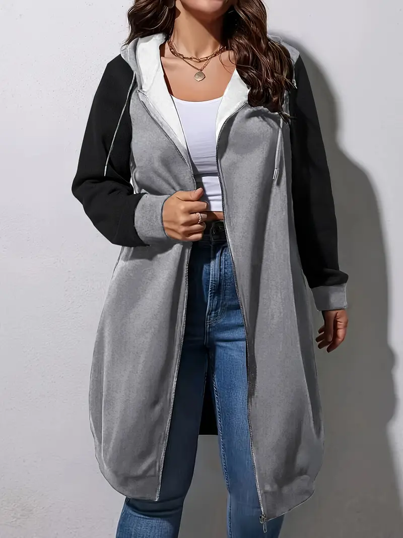 Stylish Plus Size Color Block Hooded Coat - Women Plus - Casual Drawstring Zipper Front Long Sleeve Outerwear for Fall, Winter, and Daily Life with Soft Fleece Lining and Adjustable Hem