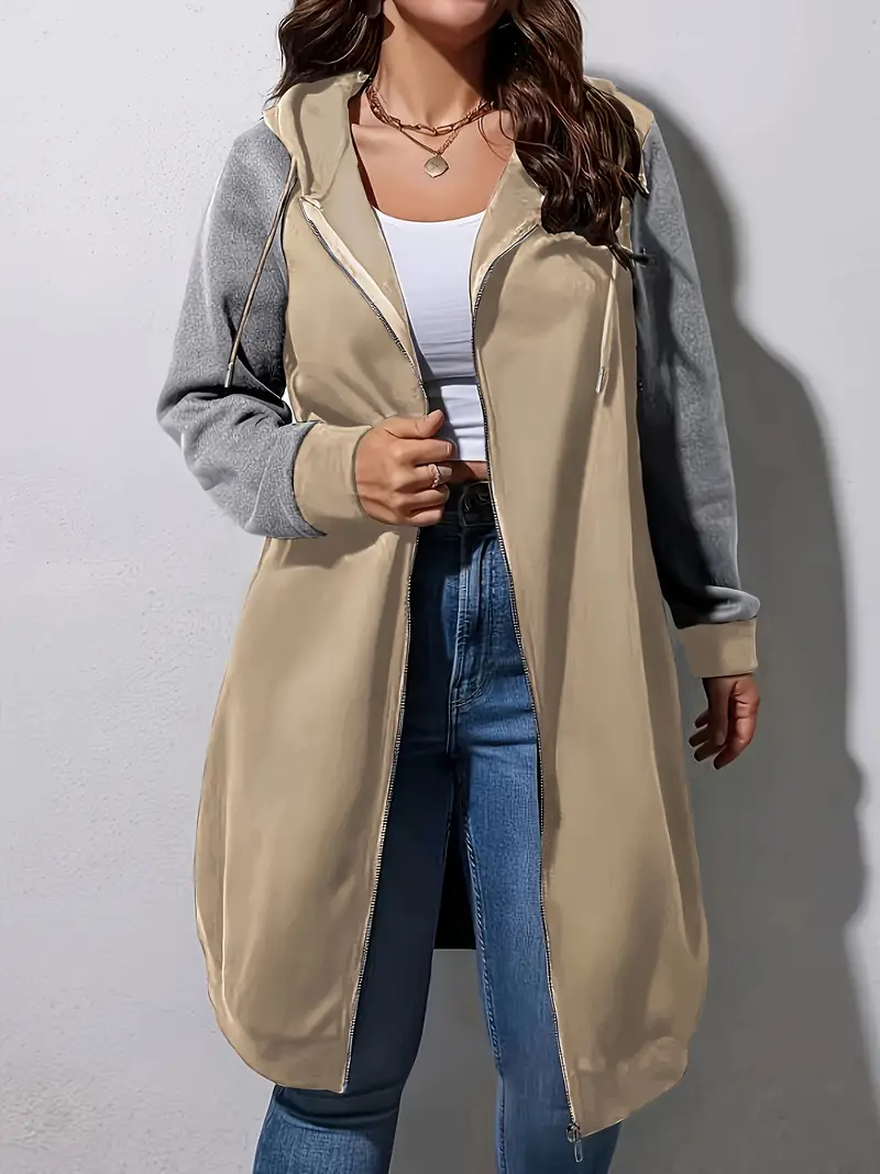 Stylish Plus Size Color Block Hooded Coat - Women Plus - Casual Drawstring Zipper Front Long Sleeve Outerwear for Fall, Winter, and Daily Life with Soft Fleece Lining and Adjustable Hem