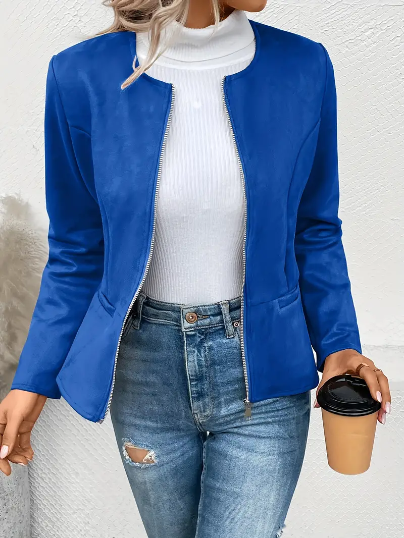 Plus Size Elegant Bomber Jacket for Women - Soft Slight Stretch Polyester Fabric, Crew Neck, Zip Up, Long Sleeve, Solid Color, No Printing, Perfect for All Seasons