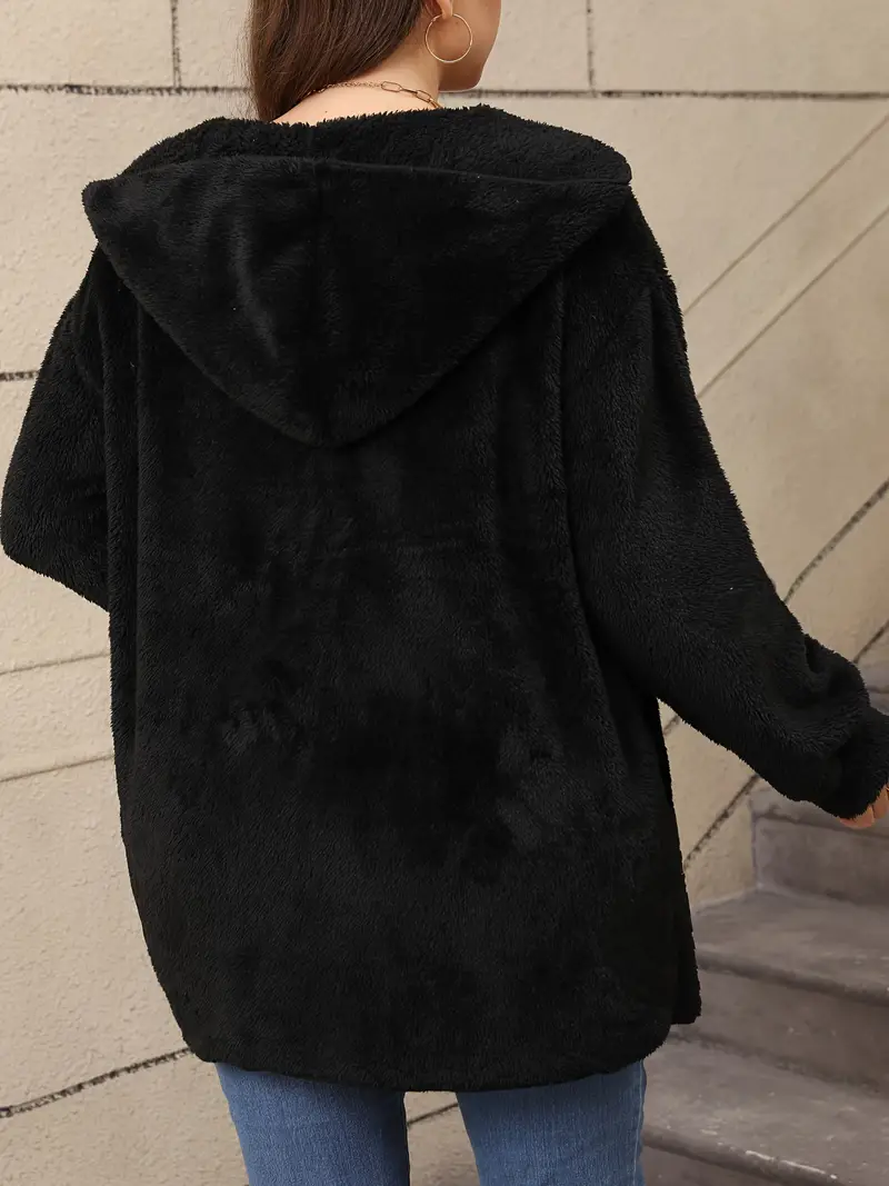 Plus Size Solid Open Front Faux Fur Coat, Casual Long Sleeve Warm Hooded Coat For Fall & Winter, Women's Plus Size Clothing