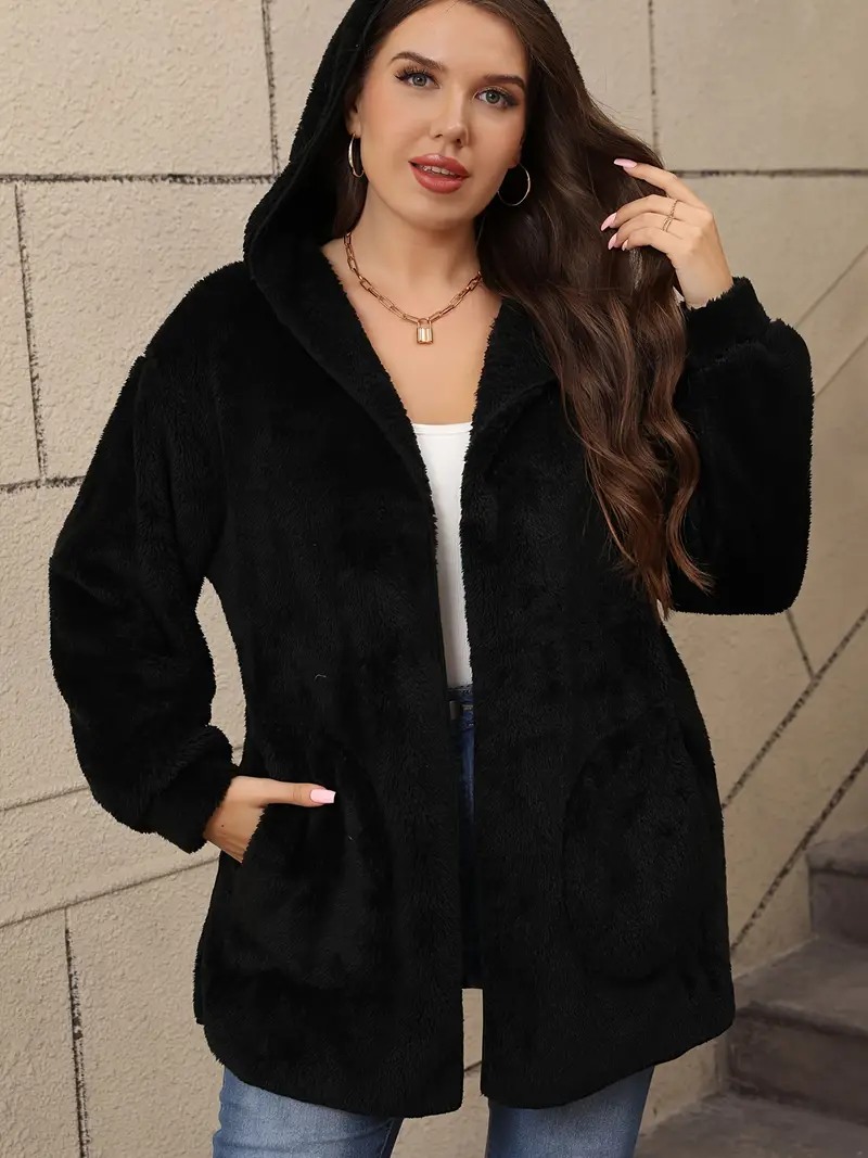 Plus Size Solid Open Front Faux Fur Coat, Casual Long Sleeve Warm Hooded Coat For Fall & Winter, Women's Plus Size Clothing