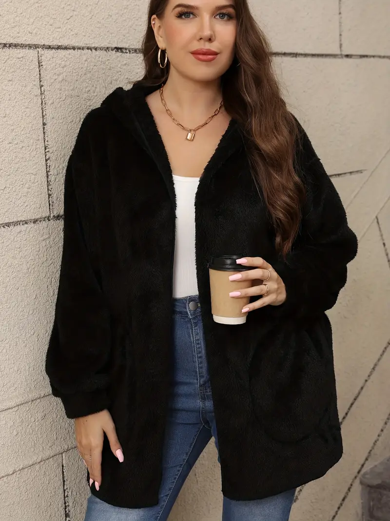 Plus Size Solid Open Front Faux Fur Coat, Casual Long Sleeve Warm Hooded Coat For Fall & Winter, Women's Plus Size Clothing