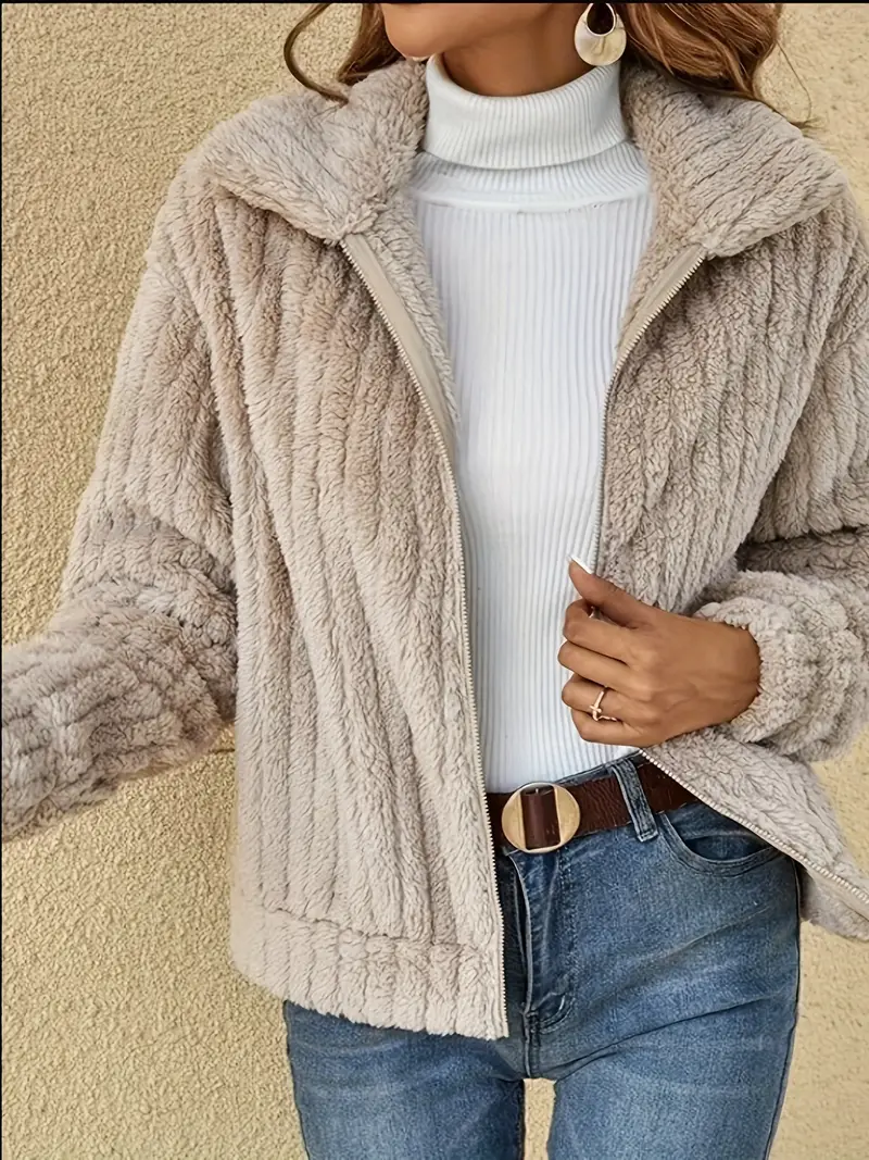 Cozy Fleece-Lined Winter Jacket for Women - Solid Color, Zip-Up with Lapel Collar, Machine Washable
