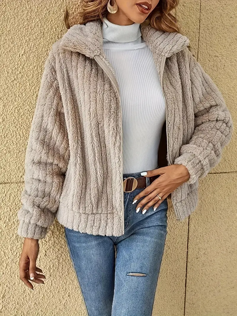 Cozy Fleece-Lined Winter Jacket for Women - Solid Color, Zip-Up with Lapel Collar, Machine Washable