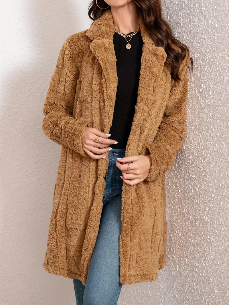 Stylish Plus Size Fuzzy Coat - Women's Plus Size Clothing - Elegant Long Sleeve Lapel Coat for Winter, Soft and Warm, Button Front, Faux Fur Lined, Chic and Versatile Winter Wear