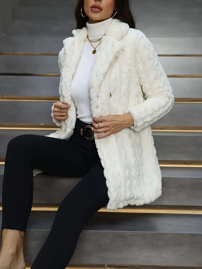 Stylish Plus Size Fuzzy Coat - Women's Plus Size Clothing - Elegant Long Sleeve Lapel Coat for Winter, Soft and Warm, Button Front, Faux Fur Lined, Chic and Versatile Winter Wear