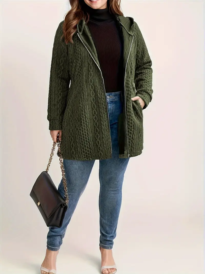 Plus Size Solid Textured Full Zipper Coat, Long Sleeve Hooded Casual Pocket Coat for Fall & Winter Women's Clothing
