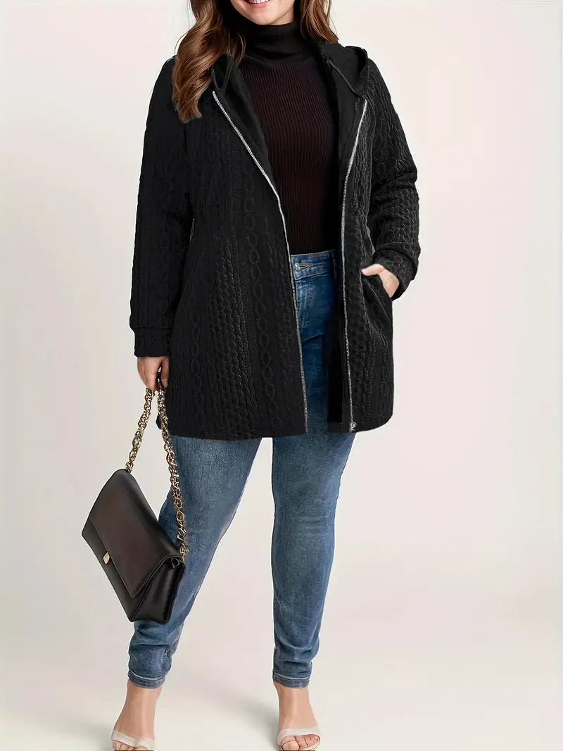 Plus Size Solid Textured Full Zipper Coat, Long Sleeve Hooded Casual Pocket Coat for Fall & Winter Women's Clothing