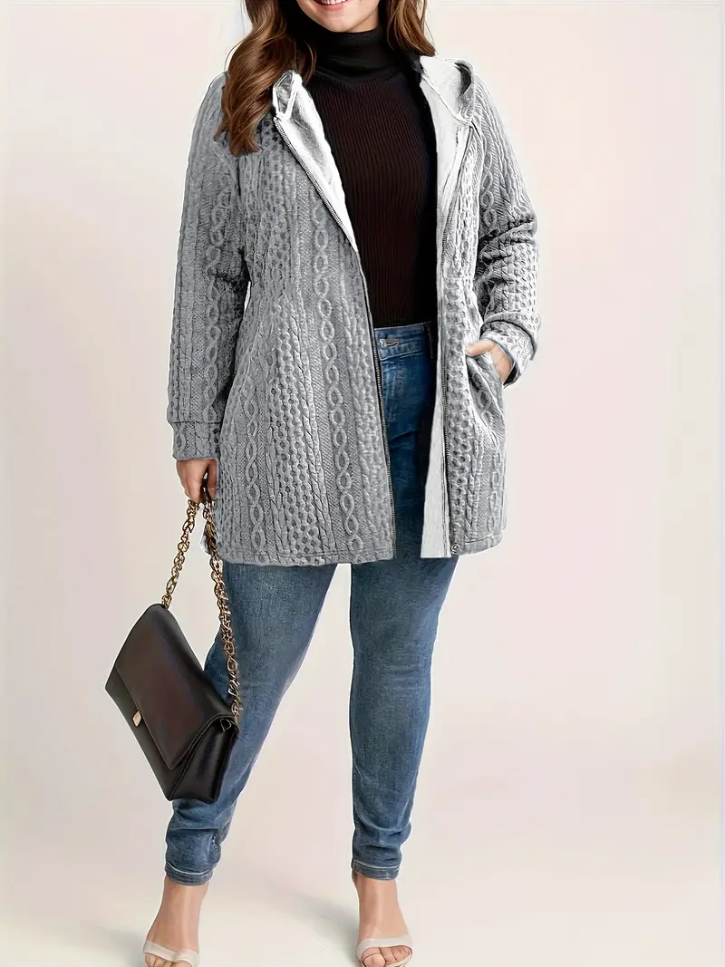 Plus Size Solid Textured Full Zipper Coat, Long Sleeve Hooded Casual Pocket Coat for Fall & Winter Women's Clothing