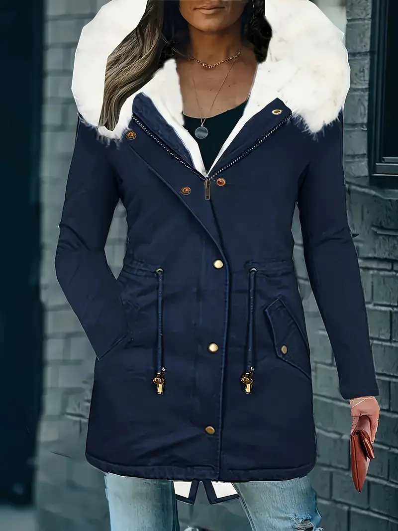 Long Sleeve Hip Length Zip-up Fuzzy Trim Hooded Parka Coat, Casual Drawstring Waist Snap Buttons Coat For Fall & Winter, Women's Clothing