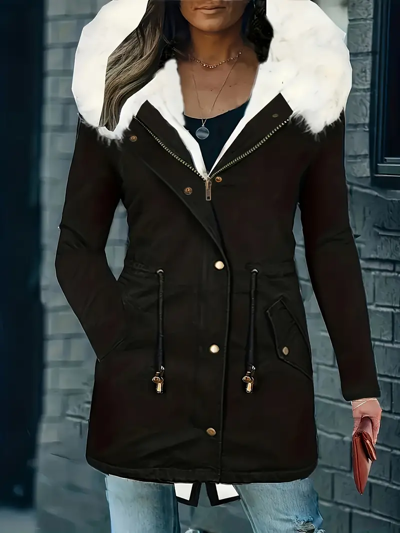 Long Sleeve Hip Length Zip-up Fuzzy Trim Hooded Parka Coat, Casual Drawstring Waist Snap Buttons Coat For Fall & Winter, Women's Clothing