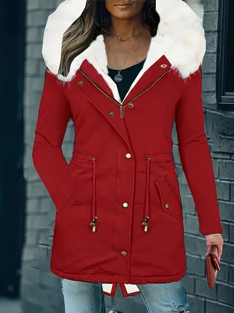 Long Sleeve Hip Length Zip-up Fuzzy Trim Hooded Parka Coat, Casual Drawstring Waist Snap Buttons Coat For Fall & Winter, Women's Clothing