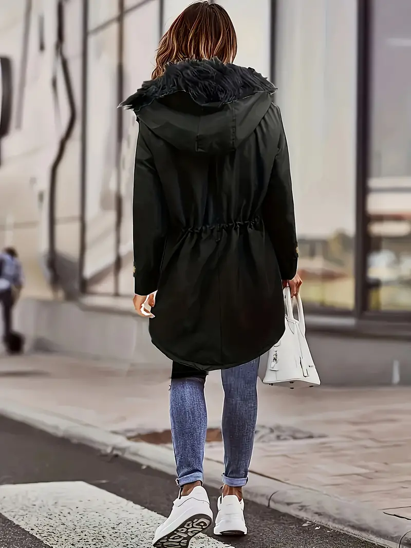 Cozy Fleece Hoodie Parka Coat - Soft, Fuzzy Trim, Drawstring Waist, Long Sleeve, Snap Front Pockets, Casual Winter Coat for Women - Fall and Winter Essential