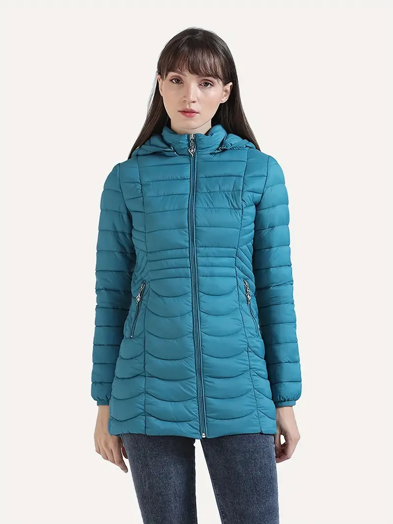 Solid Color Hooded Coat, Casual Zipper Front Long Sleeve Winter Warm Outerwear, Women's Clothing