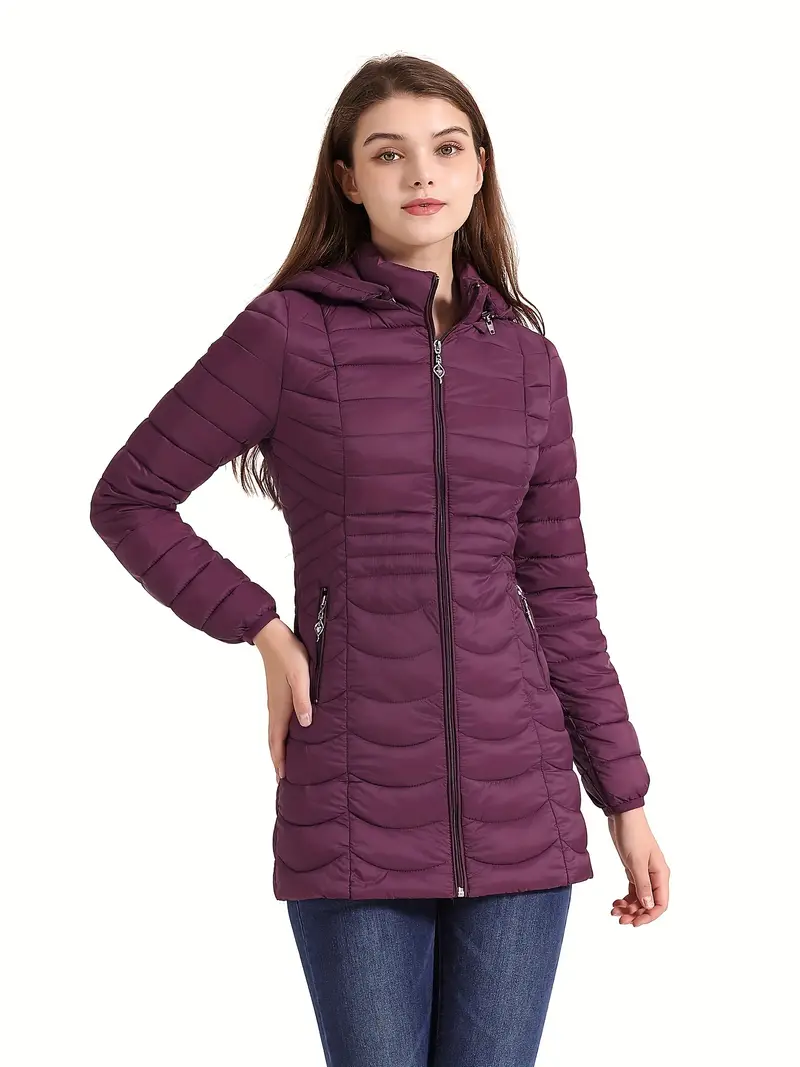 Solid Color Hooded Coat, Casual Zipper Front Long Sleeve Winter Warm Outerwear, Women's Clothing