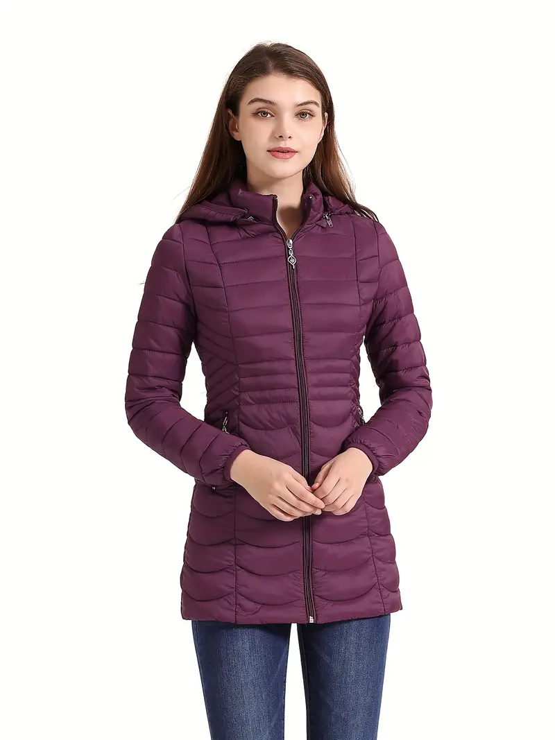 Solid Color Hooded Coat, Casual Zipper Front Long Sleeve Winter Warm Outerwear, Women's Clothing