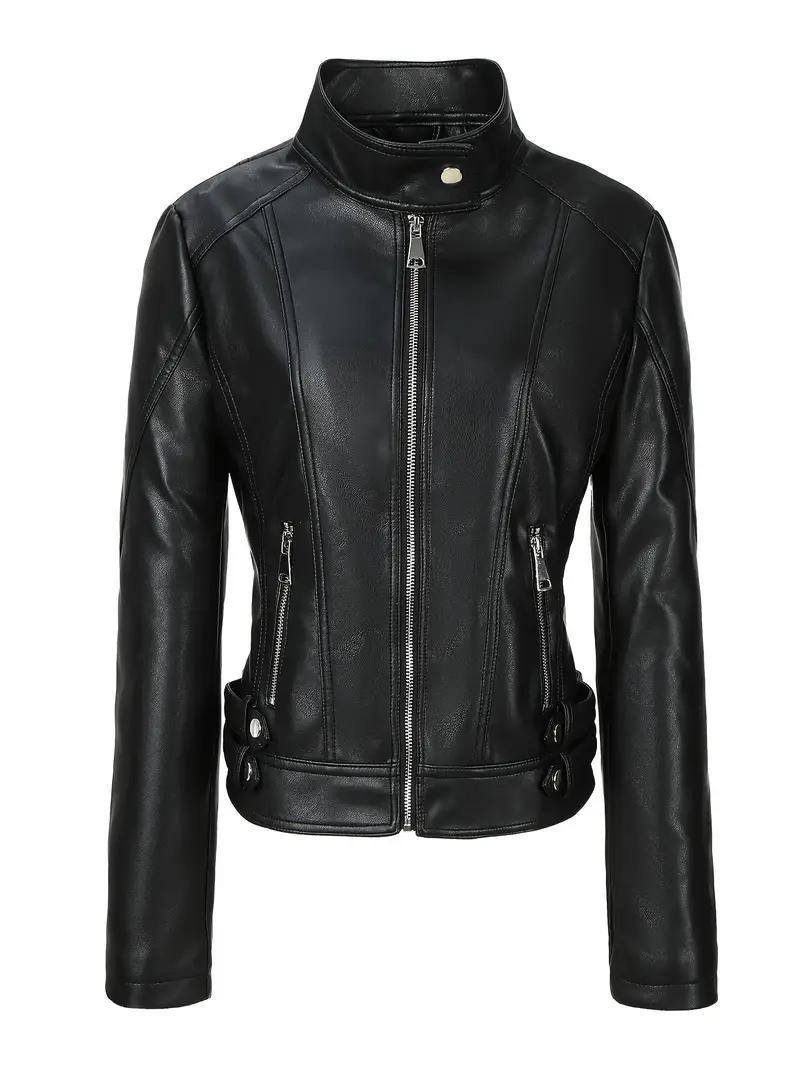 Women's PU Leather Moto Jacket with Stand Collar and Zipper Detail – Sexy, Elegant Polyester-Lined Non-Stretch Long Sleeve Jacket for Spring/Fall Weekend Casual – Skinny Fit Solid Color Woven Outerwear